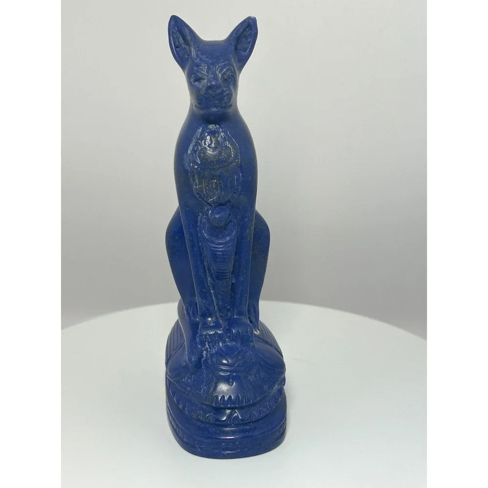 Vintage Egyptian Bastet Cat on Scarab Figurine Blue Lapis‎ Style Decor Large